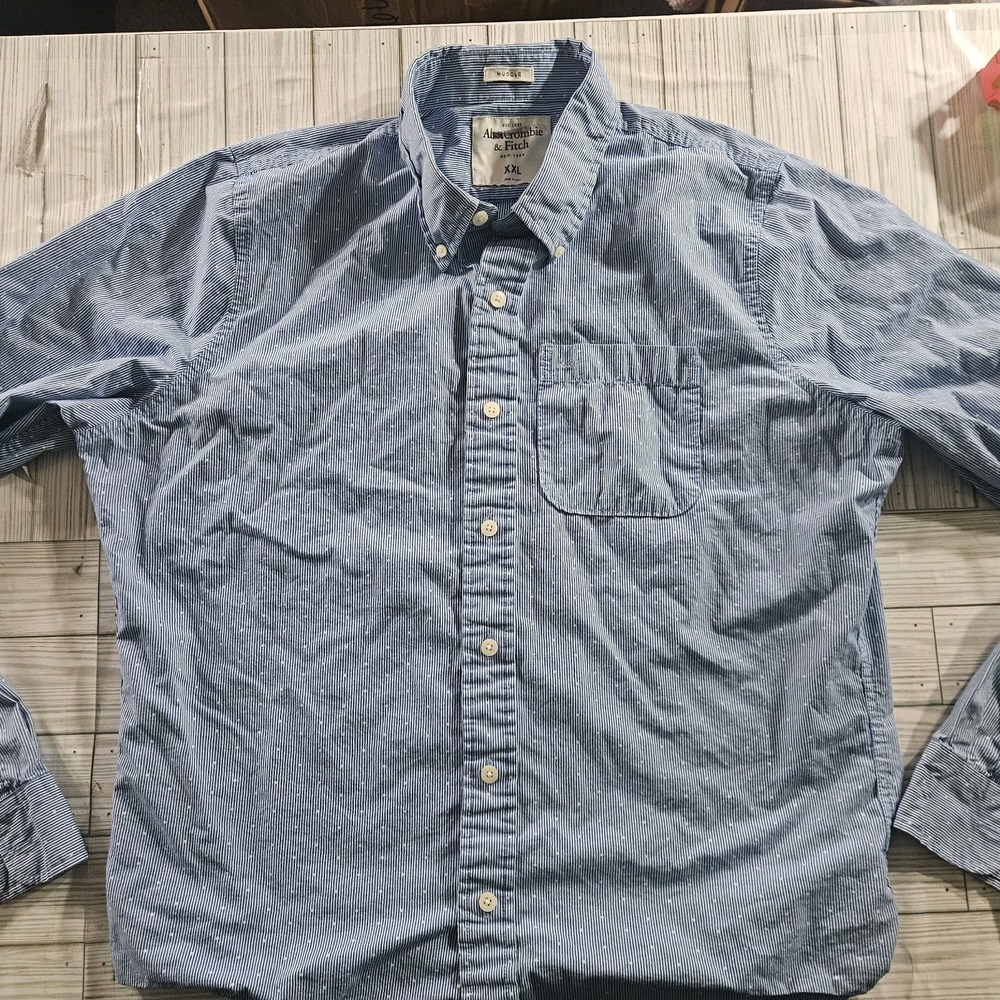 Abercrombie & Fitch Shirt Mens 2XL‎ Blue White Striped Muscle Fit Long Sleeve